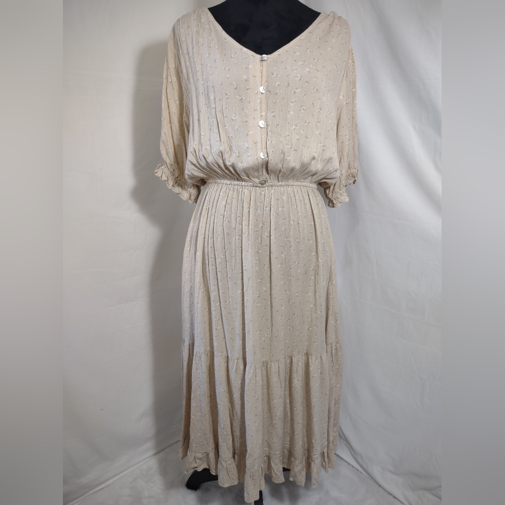 CALISTA Women's Tan Floral Print Pleated Peasant Prairie Boho Maxi Dress Size M